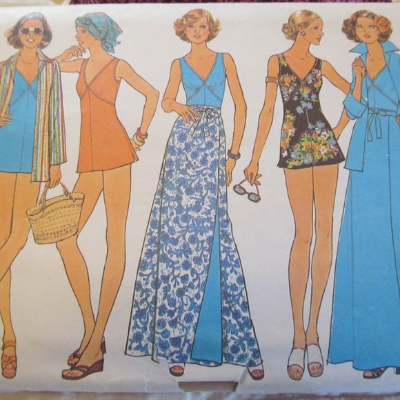 1970s BATHING SUIT WRAP SKIRT & SHIRT Simplicity Sewing Pattern 7497 Sz 12 Uncut - Picture 2 of 10